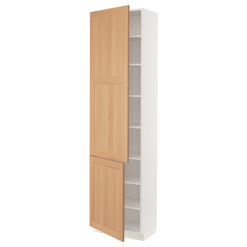 Ikea SEKTION tall white cabinet with light oak doors, three shelves, adjustable, and soft-close hinges.