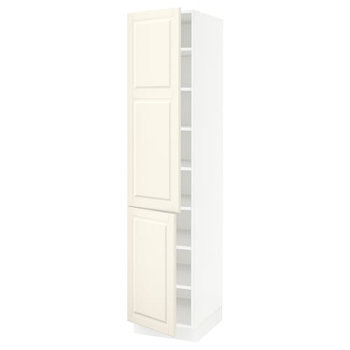 White SEKTION cabinet with off-white doors, adjustable shelves.