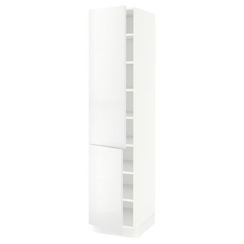 High gloss white cabinet, modern design, tall and rectangular with adjustable shelves.