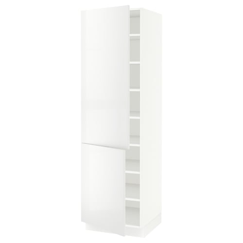 This image shows a white SEKTION kitchen cabinet with glossy doors and open shelves. The cabinet is tall and rectangular, designed for modern spaces.