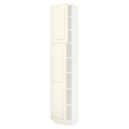 Off-white SEKTION tall kitchen cabinet with storage shelves. Classic design, five adjustable shelves, robust.