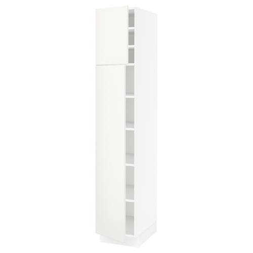This image shows a white SEKTION kitchen cabinet. Its tall with adjustable shelves, a sleek design, and modern style.