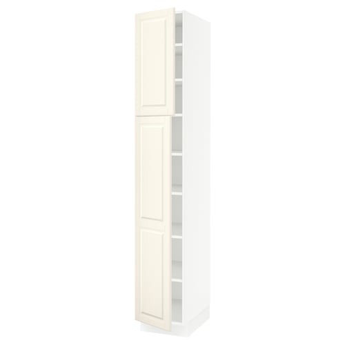 An off-white SEKTION tall kitchen cabinet with bevelled edges, featuring adjustable shelves and a door that can open either left or right.