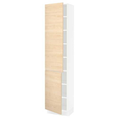 A white tall cabinet with light ash wood-style doors and two shelves, part of a modular kitchen system.