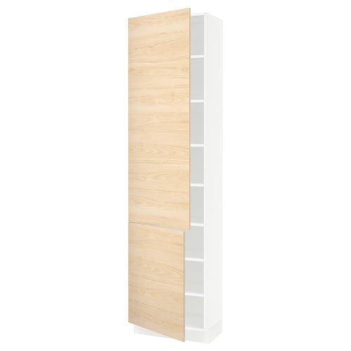 A SEKTION kitchen cabinet with a light ash wood door, featuring adjustable shelves and a slow-closing hinge.