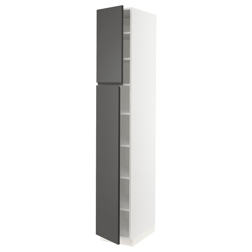 An SEKTION tall kitchen cabinet in white with dark grey handles, including shelves and a modern design.