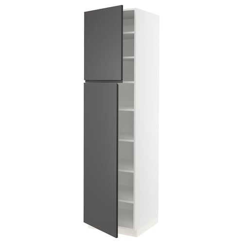 SEKTION kitchen cabinet in dark grey with adjustable shelves. Sleek, tall, modern design with integrated handles.