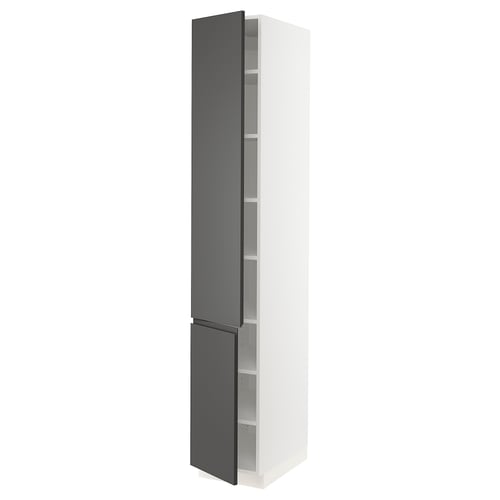 SEKTION kitchen cabinet, dark grey, white interior, slim design, modern, tall, adjustable shelves.