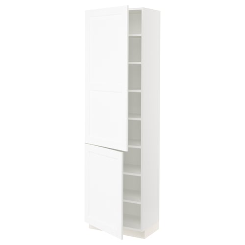 Depicts a white SEKTION tall kitchen cabinet in a modern design with a vertical door and adjustable shelves.