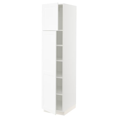 A tall, white SEKTION kitchen cabinet with a sleek design and glass shelves.