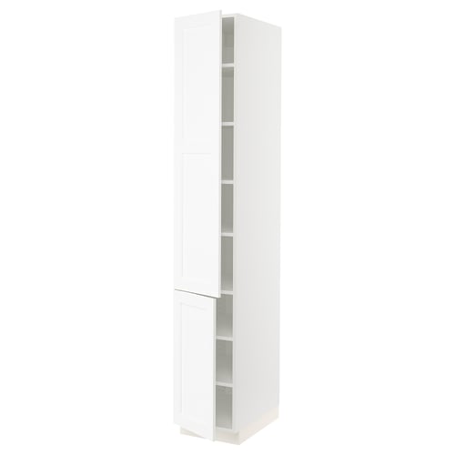 SEKTION white kitchen cabinet, tall and narrow, with adjustable shelves and soft-closing hinges.