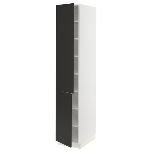 A white and black SEKTION cabinet with adjustable shelves and a door that opens to the left or right.
