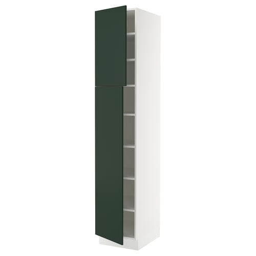 Modern white cabinet with green hinged door, snap-on hinges, adjustable shelves.