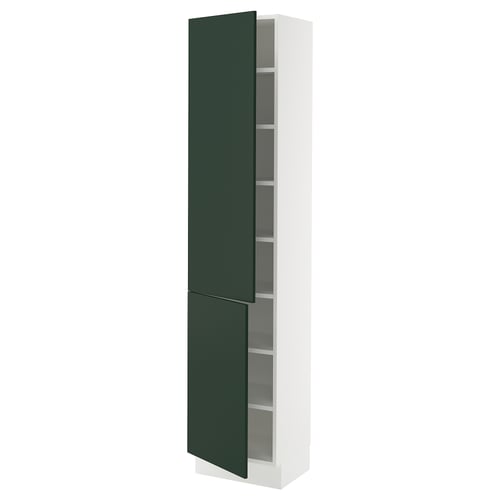 SEKTION kitchen cabinet, white frame, dark green doors, adjustable shelves, sleek design.