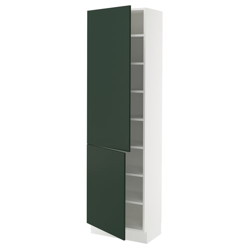 A white and green SEKTION kitchen cabinet with adjustable shelves and a soft-closing door in a deep green.