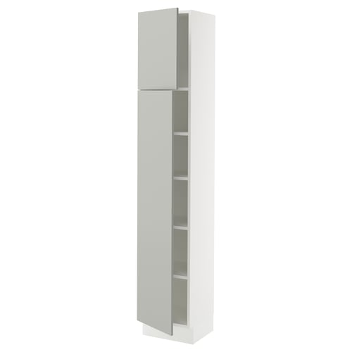 White ikea SEKTION tall kitchen cabinet with grey doors and shelves.