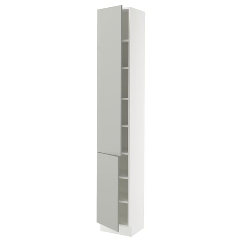 White SEKTION cabinet, modern light grey, tall rectangle, 3 shelves, sleek design.