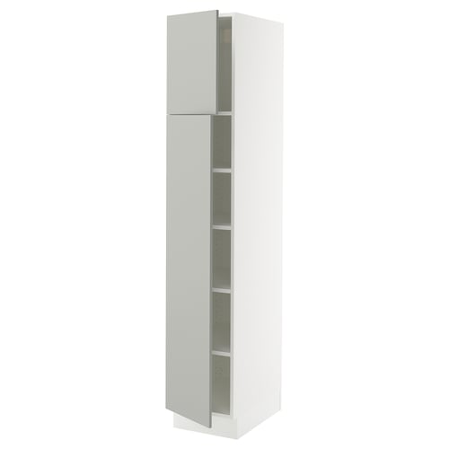White SEKTION kitchen cabinet with adjustable shelves, featuring light grey doors and modern design.