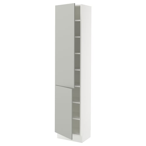 White tall storage cabinet with glass doors, modern and minimalist design, light grey tone.