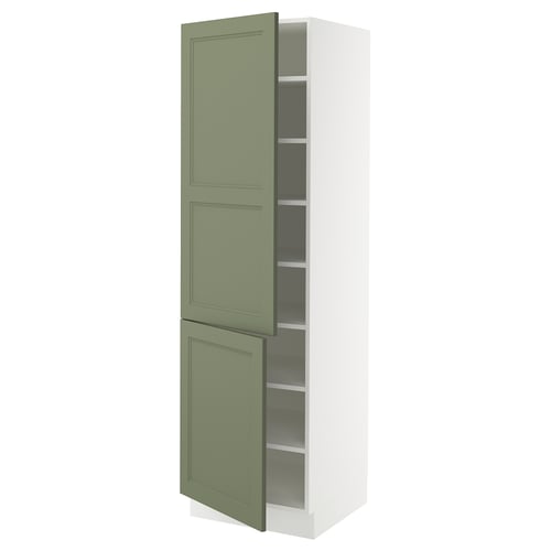 Ikea SEKTION kitchen cabinet, sage green, white, tall, adjustable shelves.
