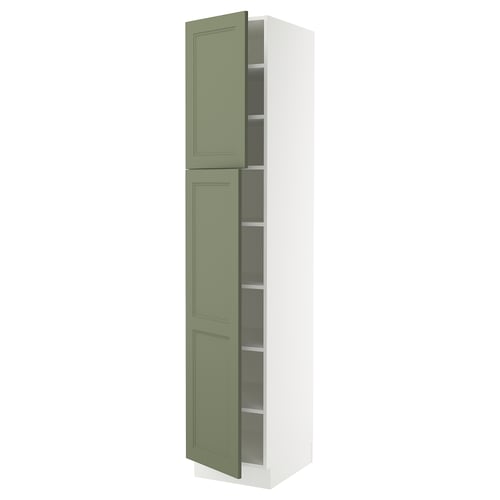 This image an open ikea SEKTION kitchen cabinet with grey-green axstad fronts, showcasing adjustable shelves.