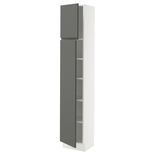 SEKTION kitchen cabinet, tall, dark grey, with shelves.