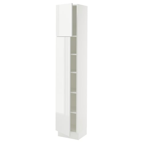 Modern white high gloss kitchen cabinet with adjustable shelves and soft-closing hinges.