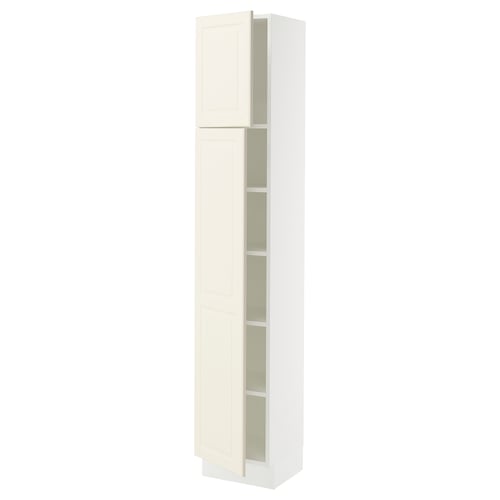 An off-white SEKTION cabinet with adjustable shelves and bevelled edges. It has two doors and stands upright against a white backdrop.