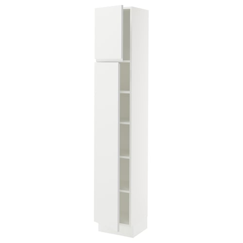 White kitchen cabinet, modern design, matte finish, with glass shelves, sleek handle-less doors.
