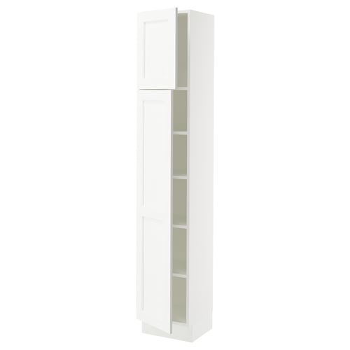 A tall white SEKTION kitchen cabinet with multiple shelves. The cabinet a clean, modern design with light grey interiors and a subtle grain pattern.