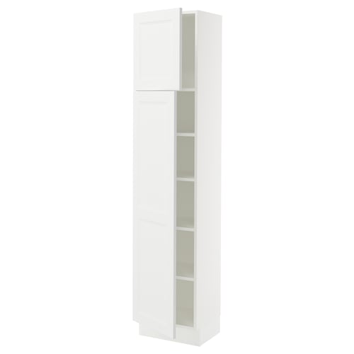 A white SEKTION tall kitchen cabinet with adjustable shelves.