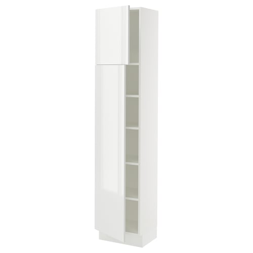 A tall, white SEKTION kitchen cabinet with high-gloss fronts, featuring adjustable shelves and a closed design.