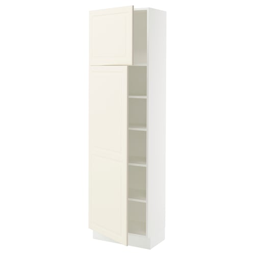A white SEKTION kitchen cabinet with off-white doors, featuring adjustable shelves and a silent-close door hinge.