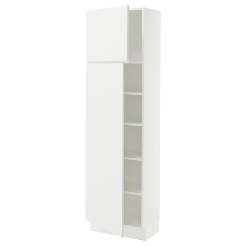 A SEKTION kitchen cabinet in white with minimalist design. It has a tall, rectangular shape with one open door revealing adjustable shelves.