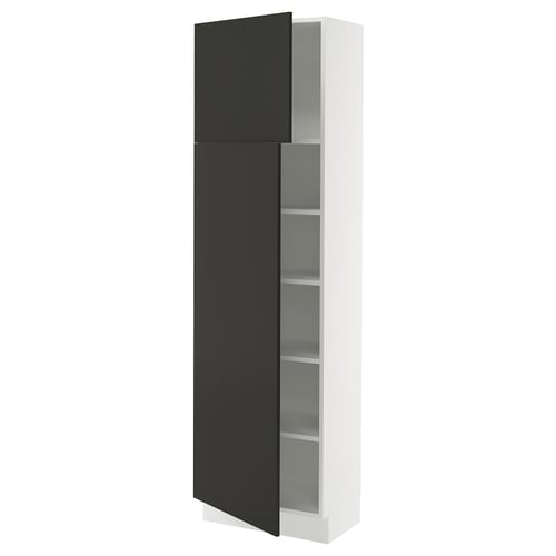 Modern kitchen cabinet, tall white frame with black door, adjustable shelves.
