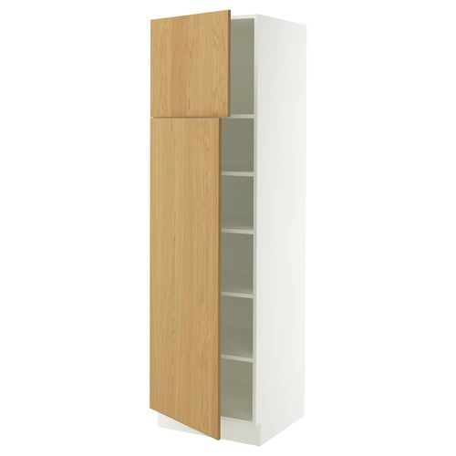 An ikea SEKTION kitchen cabinet in white with wooden doors. The cabinet stands tall with adjustable shelves inside and a sleek, modern design.