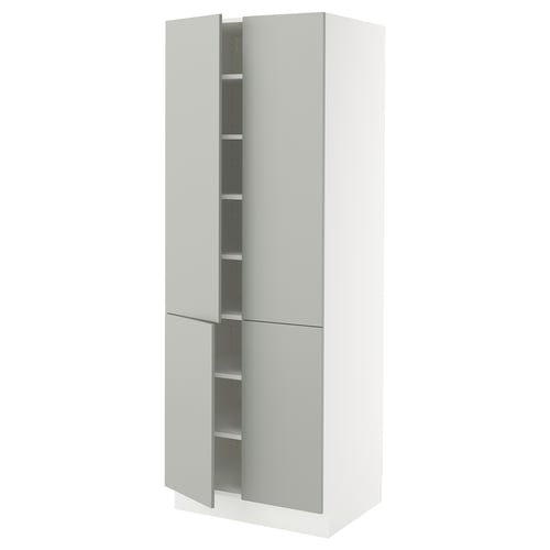 An ikea SEKTION kitchen cabinet in light grey. It two adjustable shelves behind the doors, with a modern, minimalist design and a 25-year guarantee.