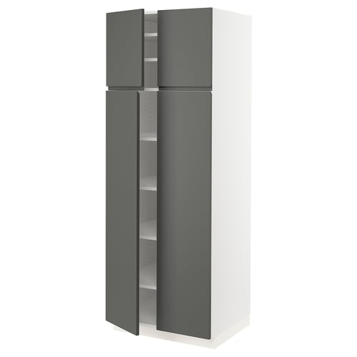Modern tall kitchen cabinet with grey doors and white frame, sleek design.