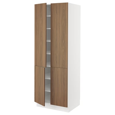 White and wood-toned cabinet with adjustable shelves.