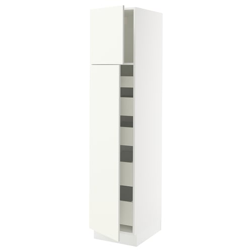 A white SEKTION kitchen cabinet with adjustable shelves and a sleek design.