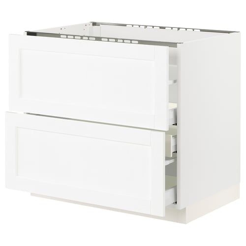 SEKTION kitchen cabinet in white with open drawers, modern design.