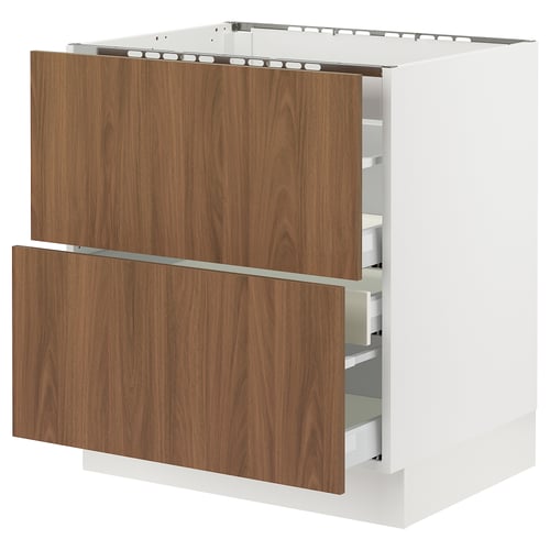 SEKTION kitchen unit with tistorp walnut fronts, white base, two wooden drawers open.