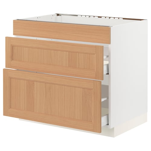 SEKTION kitchen cabinet in oak. White base, wooden drawers, three large compartments. Modern, sturdy design.