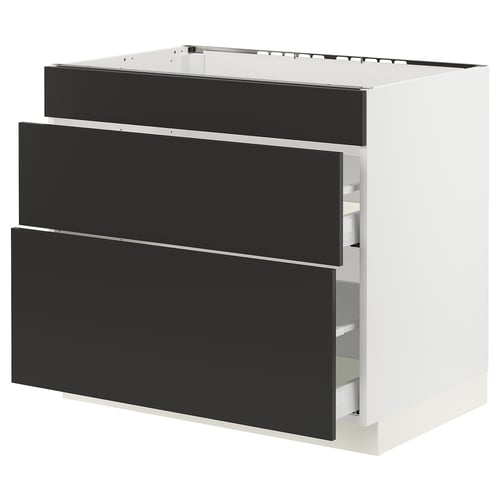 This image shows an ikea SEKTION kitchen cabinet in white with black drawers.