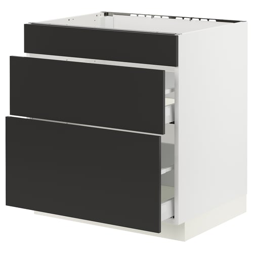 A modern white SEKTION kitchen unit with three black drawers. The unit sleek, matt black drawer fronts, creating a stylish, minimalist look.