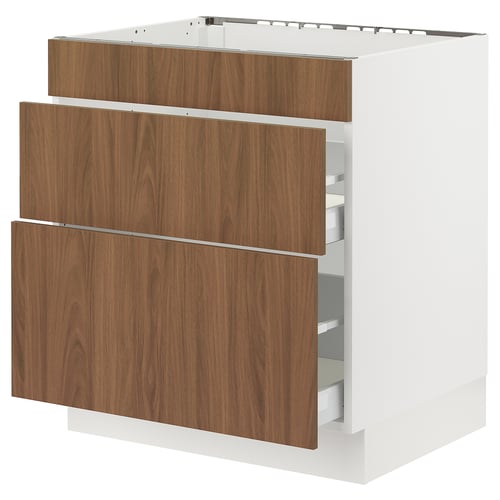 Modern kitchen cabinet: SEKTION. White frame, walnut wood drawers. Three large drawers, sleek design.