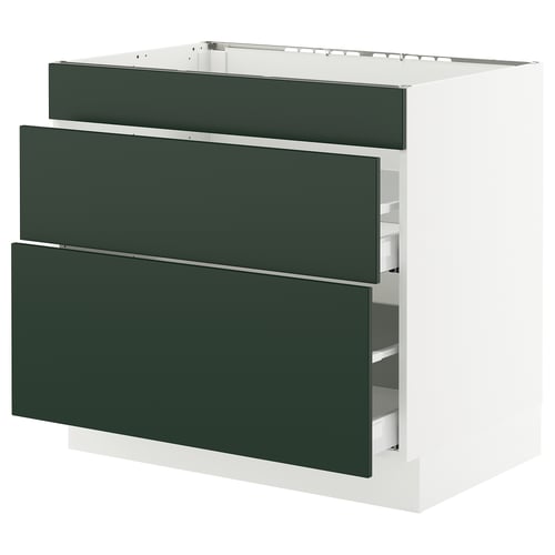SEKTION kitchen cabinet in deep green with 3 drawers, white frame, modern design.
