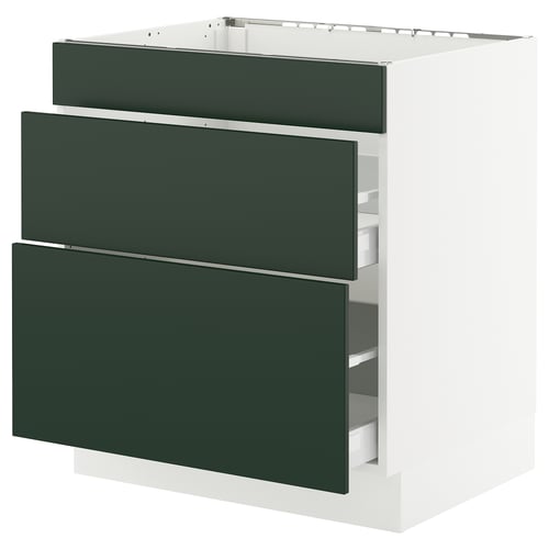 An ikea SEKTION kitchen cabinet with three green drawers and a white frame.