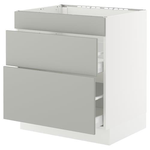 Modern light grey SEKTION kitchen cabinet with three drawers in rectangular shape.