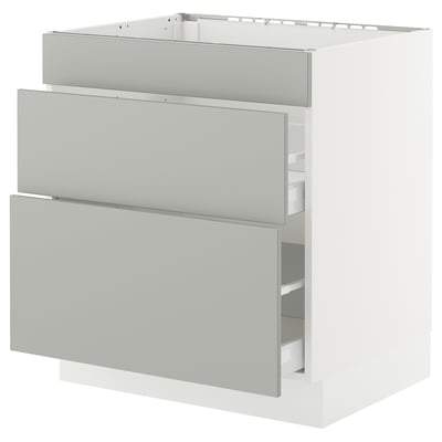 Modern light grey SEKTION kitchen cabinet with three drawers in rectangular shape.